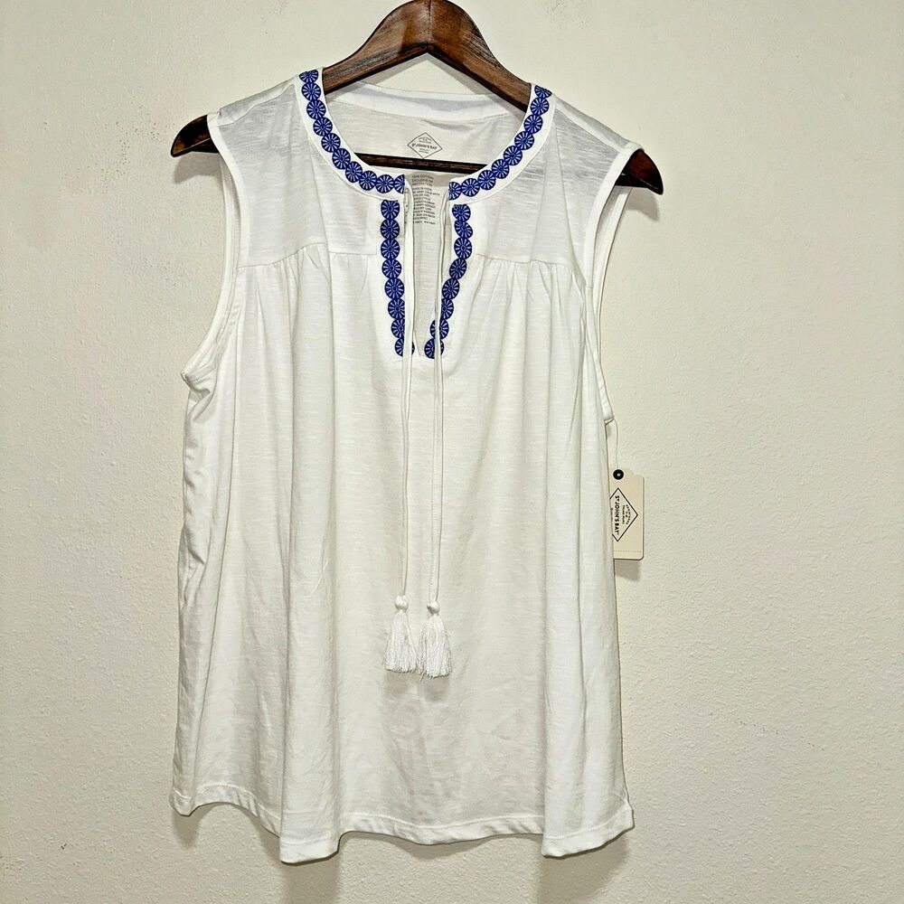 St. John's Bay Womens Top Plus XXL White Sleeveless Tasseled Blue Embroidery NWT